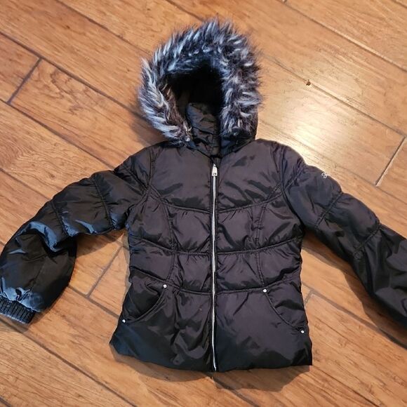 Black Puffer Jacket Girls Size 14 with Faux Fur Hood By Hawke & Co. - Picture 2 of 8